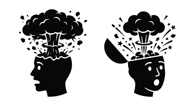 Silhouette of human heads with exploding brains a black and white graphic