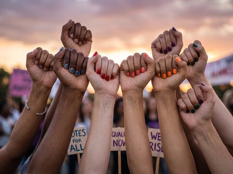 Empowered diverse women raising fists in protest, female activists fighting for equality and human rights, unity and strength during sunset demonstration