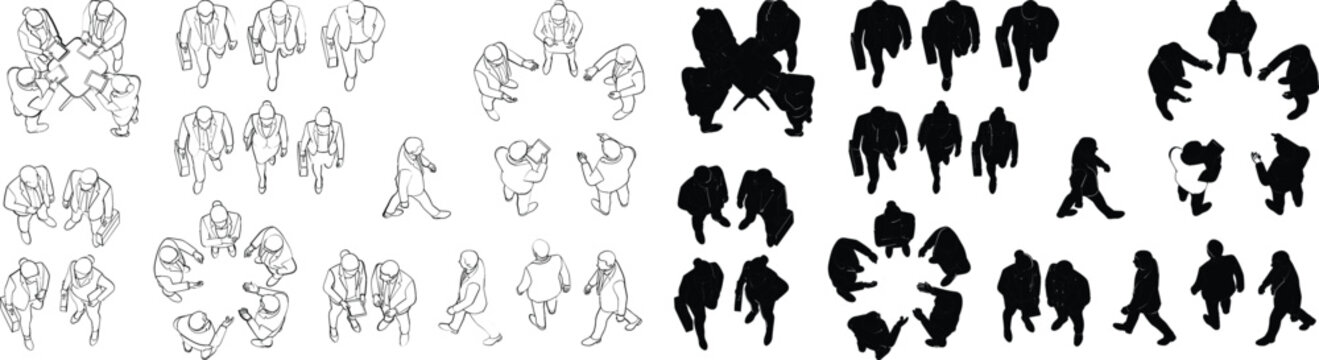 Top view of business people silhouettes and line art illustrations featuring walking, standing, and corporate team meetings