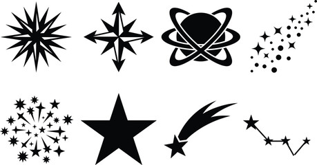 Collection of black star and space silhouette icons featuring shooting star, planet, constellation, and fireworks graphic elements © MdMorsalin