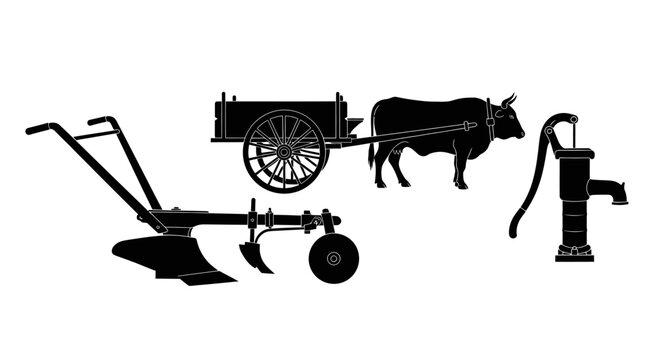 Agricultural tools with silhouettes farming equipment illustration agriculture landscape vector rural black oxen cart plow pump icon