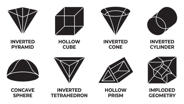 Geometric abstract shapes inverted pyramid cube cone cylinder sphere tetrahedron prism.