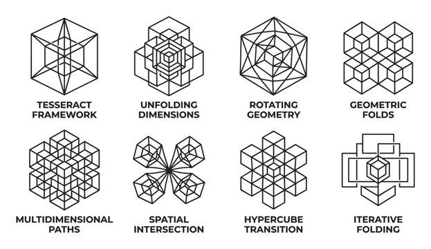 Geometric patterns tesseract framework unfolding dimensions rotating geometry.