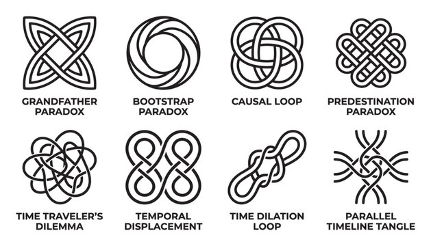Grandfather paradox bootstrap causal predestination time traveler abstract symbols.