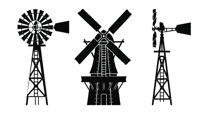 Vintage farm windmill and Dutch windmill silhouettes set isolated on white background
