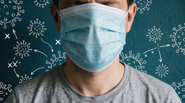 Close-up of person wearing protective medical face mask against virus particles with protective pandemic infection