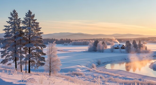 Snowy landscape with pine trees and calm lake at sunset