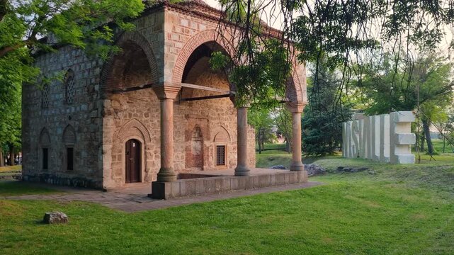 Bali-Beg Mosque within Ni&scaron; Fortress, Serbia, shines in golden evening light, showcasing Ottoman architecture, historic charm, and its transformation into a cultural art gallery