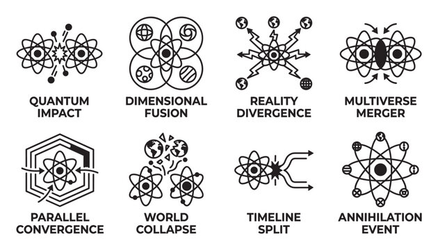 Quantum impact, dimensional fusion, reality divergence, multiverse merger, parallel convergence, world collapse, timeline split, annihilation.