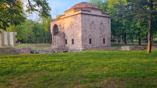 Historic Bali-Beg Mosque inside the Fortress of Ni&scaron;, Serbia, now serving as an art gallery, illuminated by warm golden evening light highlighting its Ottoman architecture and cultural heritage