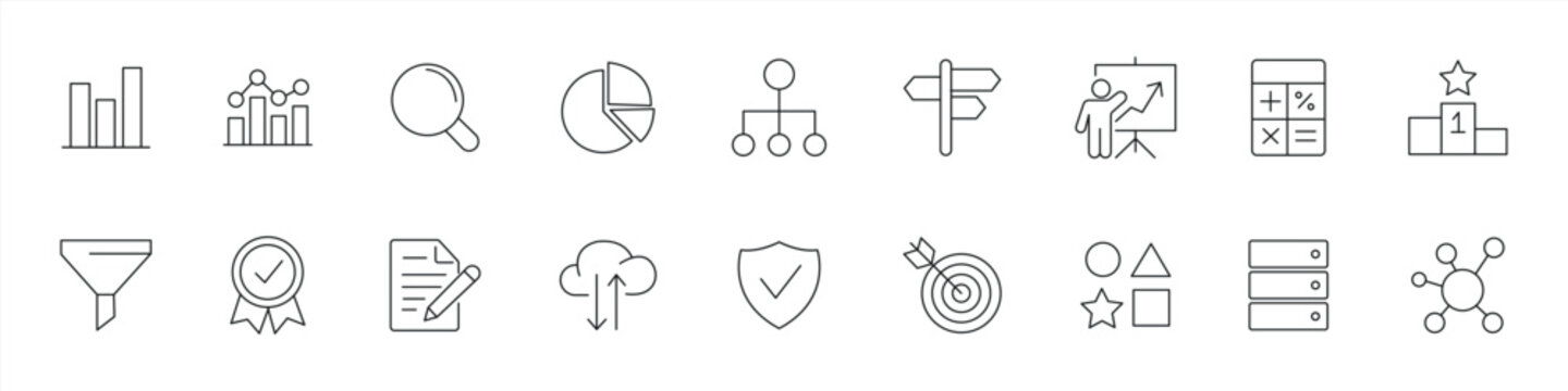 Data analysis, statistics, and analytics icon set; minimalist thin-line style web icons. Outline icon collection. Vector illustration.