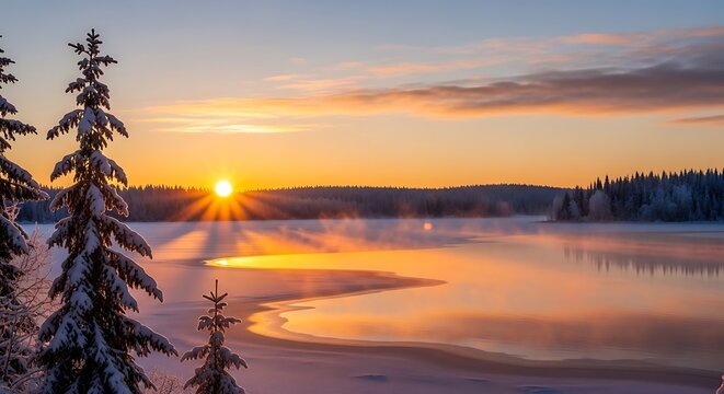 Sunset over calm river surrounded by dense forest trees