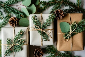 Obraz premium Flat lay of holiday gifts wrapped in neutral paper with pine branches and pinecones. Natural rustic eco-friendly Christmas presents tied with twine. Festive celebration.