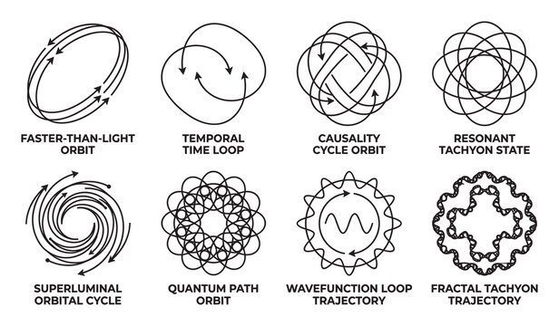 Set of abstract science icons for faster than light orbit and quantum paths.