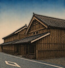 Naklejka premium Traditional Japanese townhouse and storehouse along an old street, ukiyo-e woodblock print style illustration
