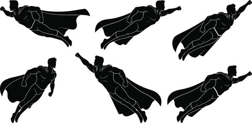 Set of black silhouettes of a superhero flying in various dynamic poses isolated on white © MdObaidul