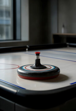 Curling stone on a shuffleboard table, indoor game and recreation activity, close up view of leisure sport equipment