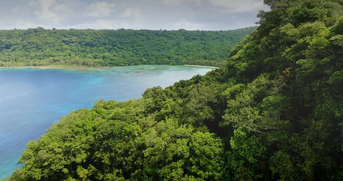 Tegua Island displays vast tropical jungle growing on steep cliffs overlooking the clear blue and turquoise waters of Pacific Ocean, highlighting the untouched nature of Vanuatu. Aerial drone flight