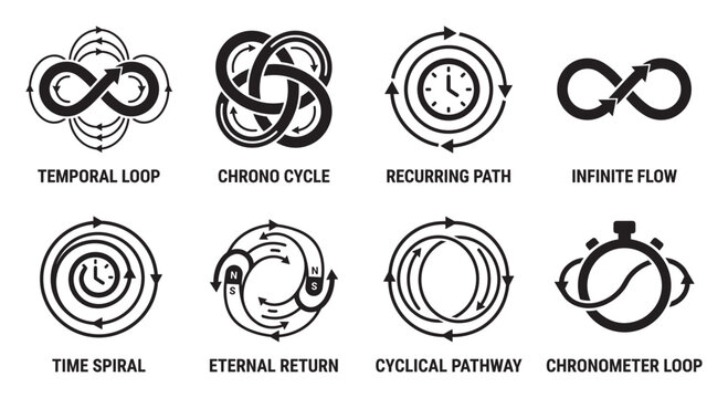 Temporal loop and chrono cycle abstract loop infinity arrow symbols.