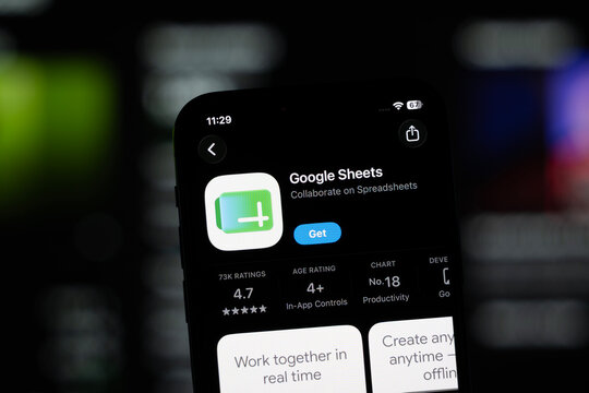 Mountain View, United States- 11 July 2026: App Store page of the Google Sheets app is seen on a smartphone screen.