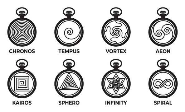 Time symbols chronos tempus vortex aeon kairos sphero infinity spiral pocket watch.