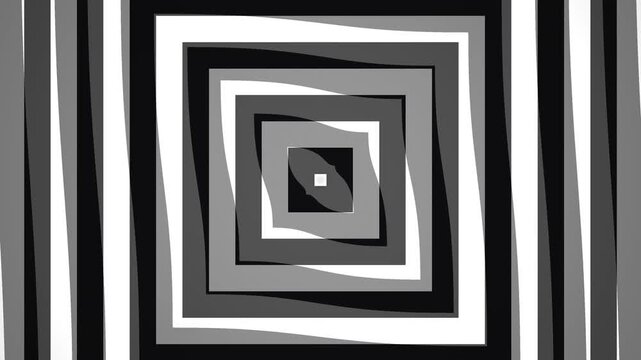 Various shapes form a series of concentric squares in black, white, and gray. The design creates an optical illusion and draws the viewer s attention to the center