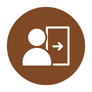 Person entering through doorway, exiting or moving forward in a circular brown icon