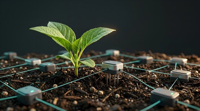 Smart farming soil monitoring concept with digital sensors and plant seedling