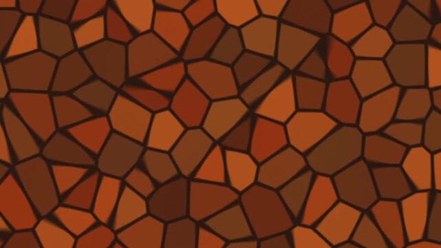 A close up view of a mosaic pattern made from irregular shapes in various shades of orange and brown. The design features a mix of textures and tones, creating visual interest