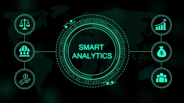 Digital interface with glowing cyan text reading smart analytics surrounded by circular of scales bank building money bag and growth chart