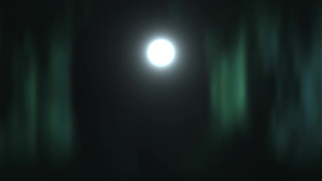 A bright light appears in the center of a dark forest scene. The surrounding trees create a shadowy effect. The atmosphere is filled with mystery and intrigue