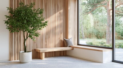 Fototapeta premium Modern interior with a wooden bench and a potted plant next to a large window showcasing lush greenery.