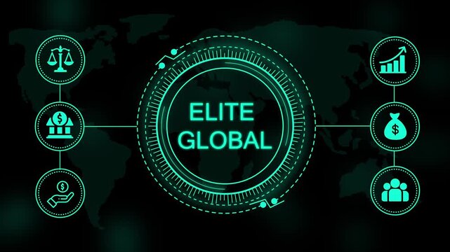 Glowing teal elite global text centered within a circular digital interface surrounded by financial and a dark map background
