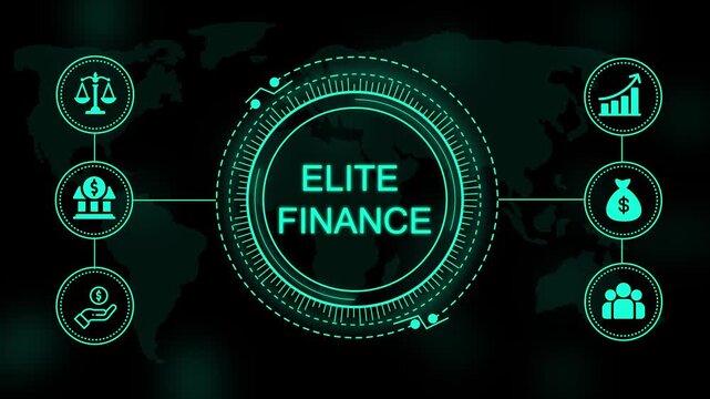Neon teal elite finance text centered inside a circular digital interface with surrounding financial and a dark map background