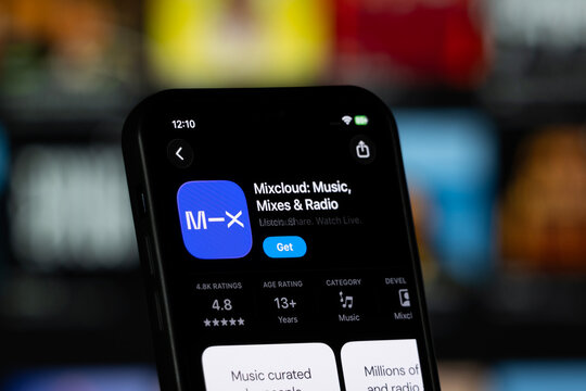 San Francisco, United States - 11 July 2026: App Store page of the Mixcloud app is seen on a smartphone screen.
