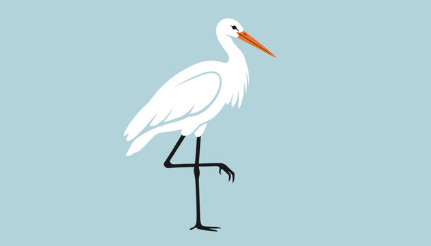 Minimalist vector illustration of a graceful white egret standing on one leg against a calm, pale blue background for nature themes.