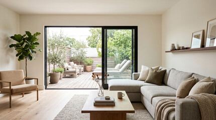 Fototapeta premium Modern Minimalist Living Room Interior with Seamless Transition to a Sunlit Outdoor Wooden Terrace and Lush Greenery Garden