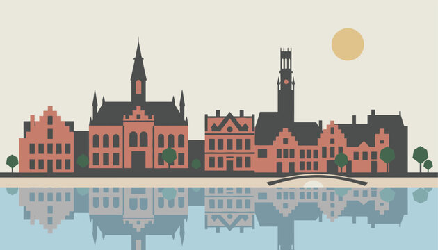 Cityscape illustration of Bruges with historic brick buildings and a clock tower reflected in a calm canal under a warm golden sun.