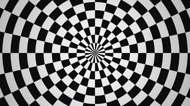 A rotating black and white checkered pattern creates a dynamic visual effect. The design consists of circles and squares that blend together as they spin