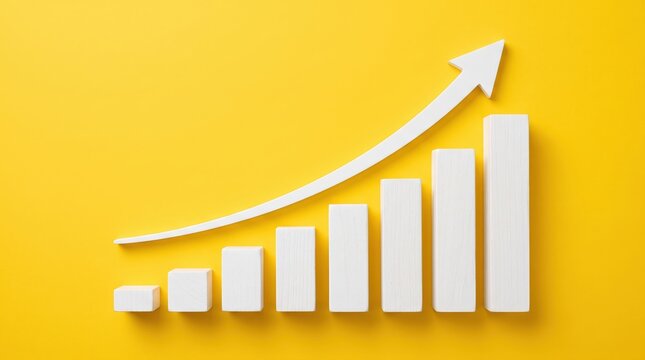 Business growth graph with upward trending arrow on yellow background business financial increase marketing