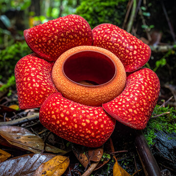 Rafflesia arnoldii opens its large red petals on the ground.