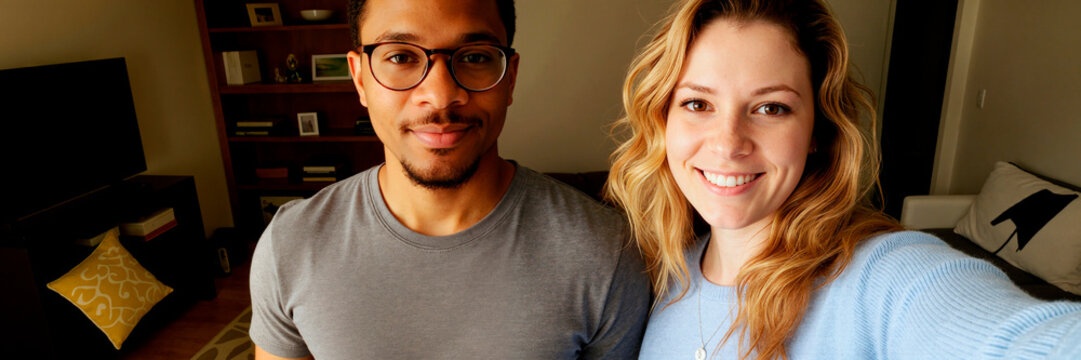Portrait of young adult interracial couple smiling at camera while taking selfie at home, representing modern relationship and togetherness. Ideal for dating, housing, lifestyle marketing