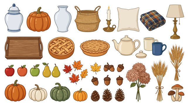 Cozy autumn kitchen scene displays pumpkins, pies, and vintage cookware in a nostalgic fall setting.