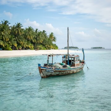 An old wooden fishing boat named fathuma anchored in shallow turquoise water near a white sand beach lined with lush green palm trees