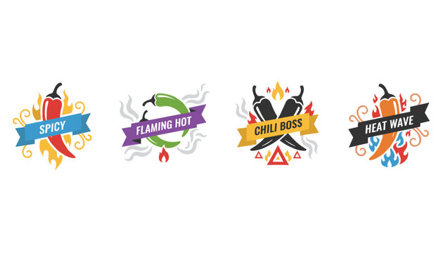 Set of four spicy food logos featuring chili peppers with flames and smoke elements in a badge style on a white background.