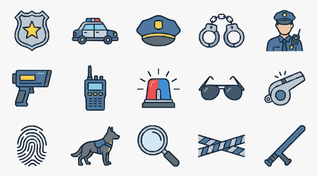 Sleek Collection of 15 Minimalist Police and Law Enforcement Icons in Blue Gray Tones with high quality professional line art symbols for modern creative design and digital branding projects