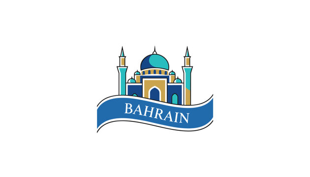 Logo design featuring a stylized blue and gold mosque building with minarets and a wavy banner labeled Bahrain on white.