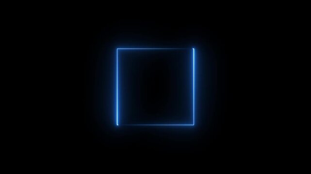 Glowing neon square frame animation. luminous banner animation. blue color neon box icon on a black background.4k quality neon line animation video.