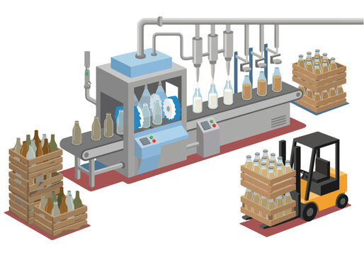Isometric illustration of a bottle return system. A modern factory line processes and sorts bottles, showcasing a closed-loop recycling process. Forklifts move crates of bottles.