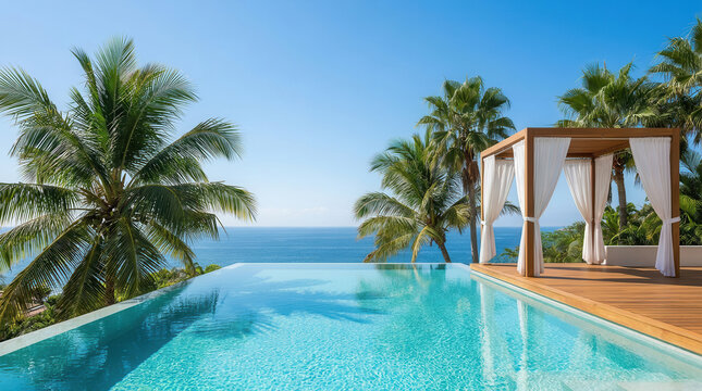 Hyper-realistic 8K architectural photography of a luxurious modern infinity pool villa overlooking a crystal-clear turquoise ocean. Minimalist white architecture with an elegant gazebo,